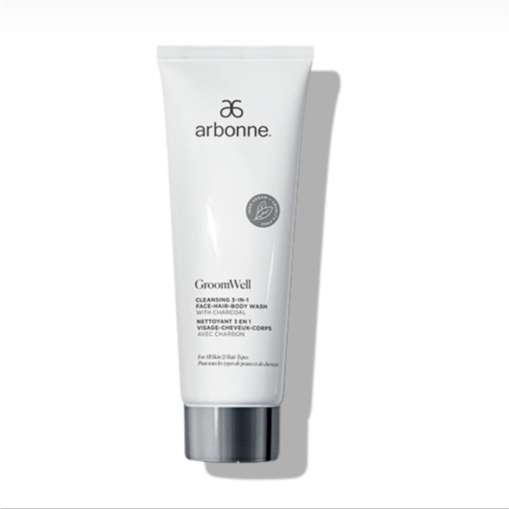 Arbonne GroomWell Cleansing 3-in-1 Face Hair Body Wash with Charcoal New in Box
